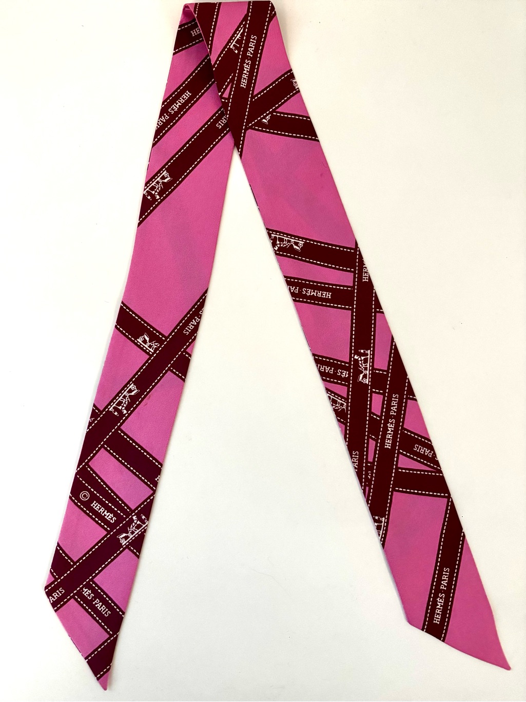 Authentic Herms Bolduc Twilly Silk Scarf Pink Burgundy Ribbon Print Rare